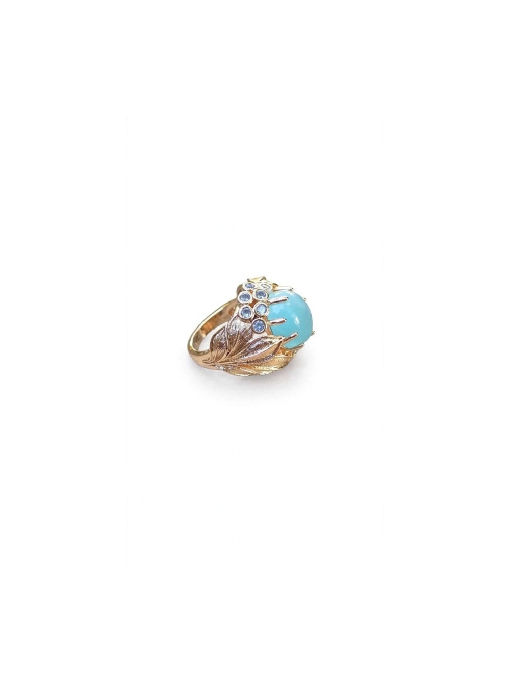 14K Gold Leaf Ring - Vibrant Blue Aqua Cabochon Exotic Statement Ring SZ 7 - Picture 5 of 5